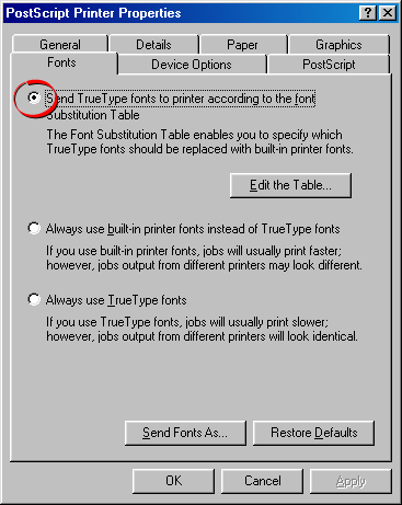 Configuring a Windows 98 PostScript Printer to Avoid Font Substitution